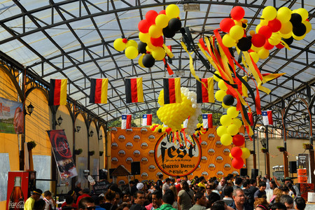 Puerto Varas, Chile - 17 January 2013: Beer tent decorated for Prosit fest, an Octoberfest style German festival in a beer tent in Puerto Varas. Descendants of German settlers are still practising their traditions in Southern Chile around lake Llanquihue,のeditorial素材