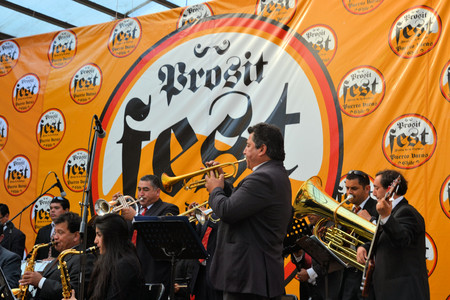 Puerto Varas, Chile - 18 January 2013: Musicians play traditonal German Blasmusik at Prosit fest, an Octoberfest style German festival in a beer tent in Puerto Varas. Descendants of German settlers are still practising their traditions in Southern Chile aのeditorial素材