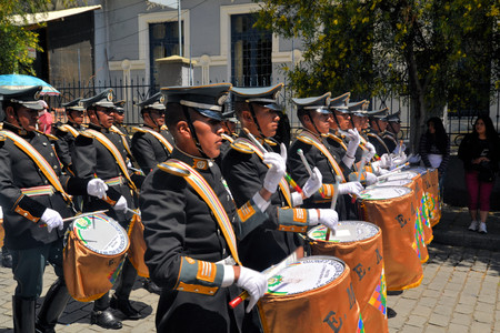 La Paz, Bolivia - 23 March 2013: Musicians march in military parade for dia del mar in La Paz capitol Bolivia. Die del Mar is celebrated annualy on the day Bolivia lost the Litoral province to Chile and therefore sea access in the war of the pacific. It'sのeditorial素材