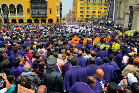 Lima, Peru - 18 October 2012: Thousands of Believers come together Lord of Miracles, one of the...