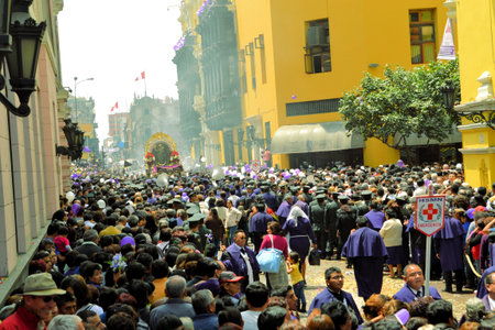 Lima, Peru - 18 October 2012: Thousands of Believers come together Lord of Miracles, one of the...
