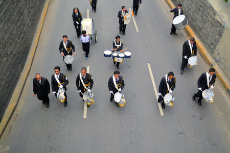 La Paz, Bolivia - 23 March 2013: Musicians march in military parade for dia del mar in La Paz...