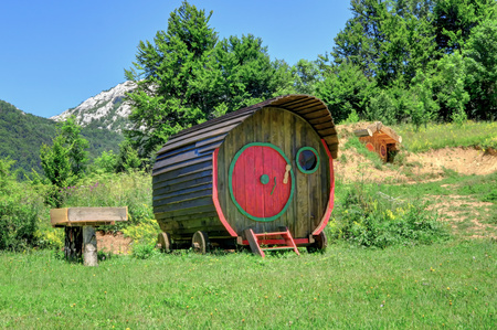 Wooden, tiny home on wheels in the Croatian countrysideの写真素材
