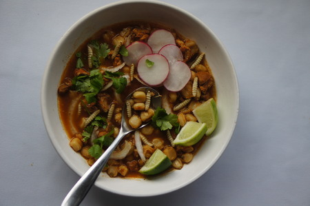 Pozole (Hominy), cilantro (coriander), jalapeno peppers, onions, pork, lime, and pork with wax moth larvaeの写真素材