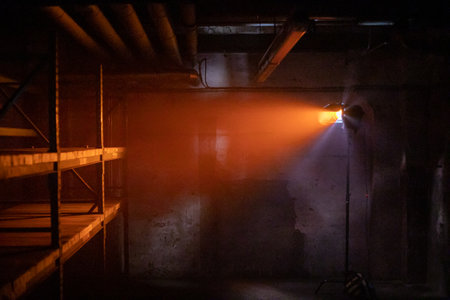 Red light in a mine. Rustic mood. Grids are available. The light shines brightly. Alarm is on.の写真素材