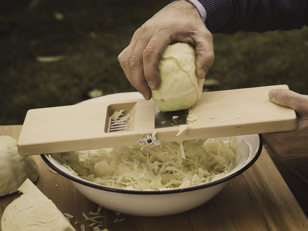 image shows how to slice cabbage using a cabbage shredder for homemade sauerkrautの写真素材