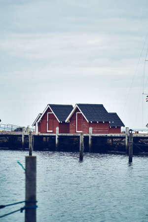 Tiny red houses at the Harbour of Struer, Denmarkの写真素材