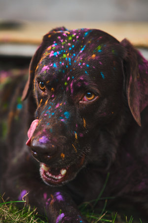 Labrador Retriever covered in Holi Colorsの写真素材