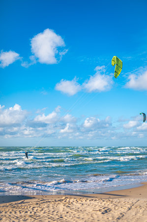 Kite surfing at the danish coastの写真素材