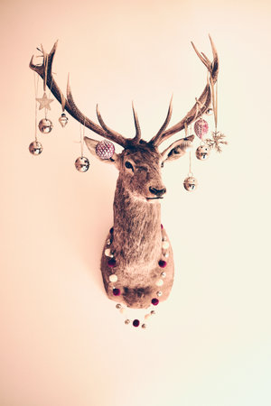 stag decorated with Christmas ornamentsの写真素材