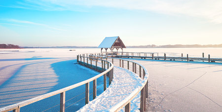 Frozen lake in winter with footbridge on sunny dayの写真素材