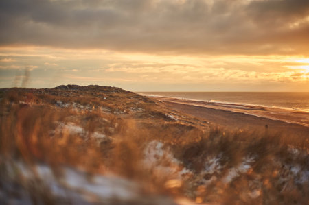 Sunset in winter on denmarks coastの写真素材