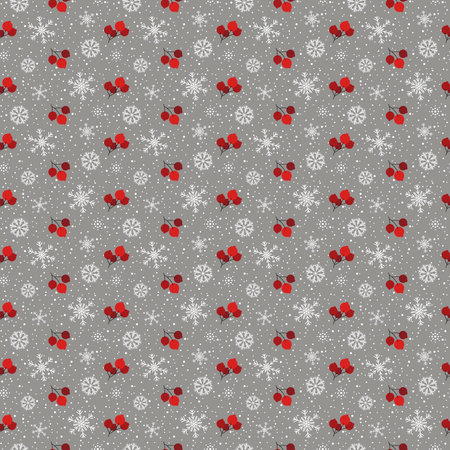 Christmas seamless pattern, branches with red berries snow and snowflakes, gray.  Decorative festive...