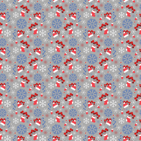 Knitted boots, mittens and a cap with snowflakes and berries, gray. Christmas, seamless pattern....