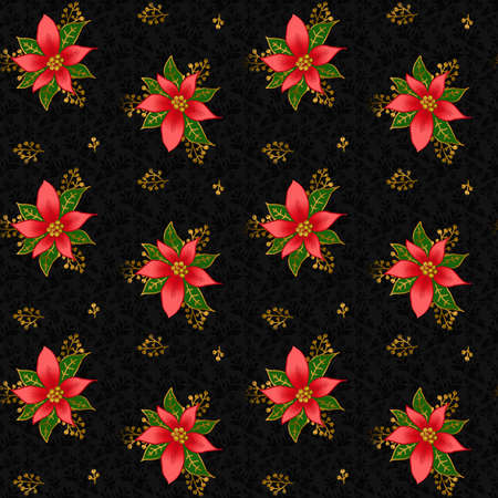 Christmas Poinsettia on a black background, seamless floral pattern. Paper for scrapbooking. Created for design, crafting and mass production of various goods.の写真素材