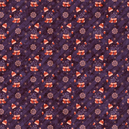 Invisible New Year silhouette, in boots with branches, hat and mittens, purple. Christmas, seamless pattern on a striped diagonal back. Decorative shabby and melange festive background for printing on various goods.の写真素材