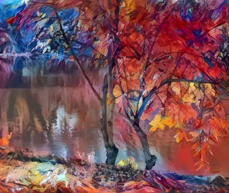 Bright art, autumn trees at the river, red-blue. A picture in style of modern impressionism. Beautiful photowall-paper, digital design, wall press, etc.の写真素材