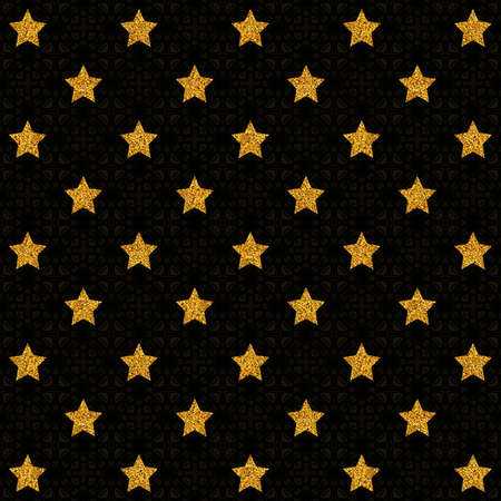Golden-black digital background with stars. Scrapbooking paper 12x12 inches. Dark festive texture with gloss. Design for manual creativity and mass production of various goods.の写真素材