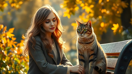 Thoughtful young woman with a cat in an autumn park on a bench. Photorealistic illustration of people and pets in nature.の素材