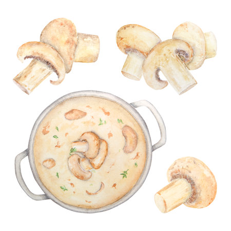 Watercolor illustration of champignons. Hand drawn in watercolor and isolated on a white background. Great for printing on fabric, postcards, invitations, menus and more.の写真素材