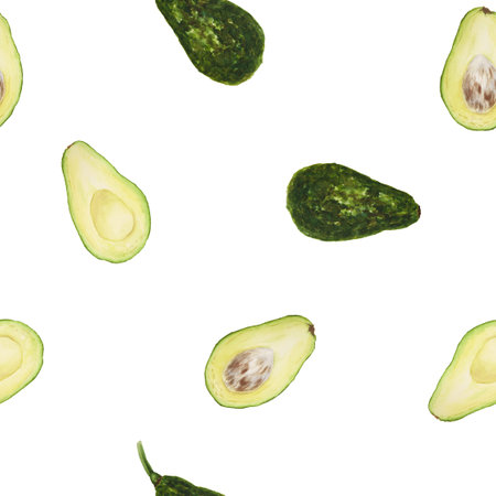 Seamless pattern of avocado watercolor hand drawn realistic illustrations. Green and fresh arts of...