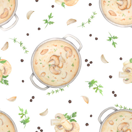Watercolor illustration of mushroom soup. Champignon. Botanical illustration. Food painting. Seamless pattern.の写真素材