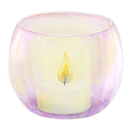 Violet glass candlestick, vase. Hand drawn watercolor illustration. Good for event, Christmas decoration, romantic, wedding designsの写真素材