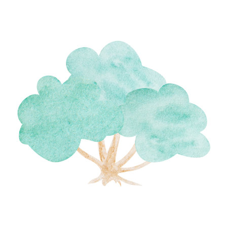Watercolor hand drawn tree painted in childrens style. Cute element of design of greeting cards, invitations, textile. Can be used in kids products and printsの写真素材