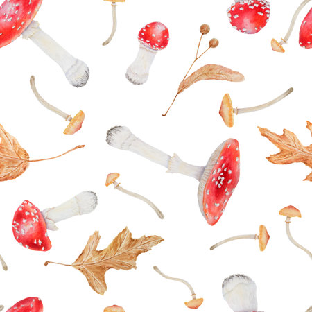 Watercolor seamless pattern of red fly agaric, galerina marginata and leaves. Poisonous mushrooms, dry leaves. Hand drawn botanical realistic illustration for packing gifts, paper, background, textileの写真素材