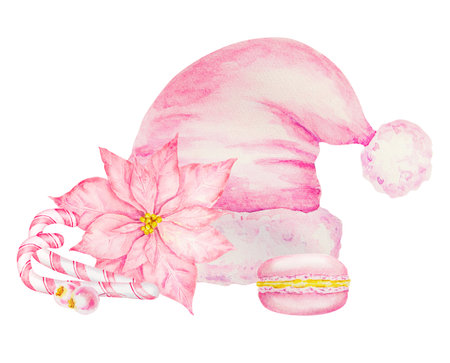 Pink poinsettia, Santa Claus hat, New Years candy canes, macaron. Watercolor hand drawn clip art with Christmas star. Winter symbol for holiday season print, greeting card, banner, invitation, posterの写真素材