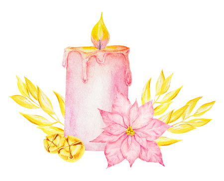 Pink burning wax candle. Hand drawn watercolor illustration. Good for event, Christmas and Happy New Year prints and decorations, invitations, cards, wedding designs. Romantic element of cozy interiorの写真素材