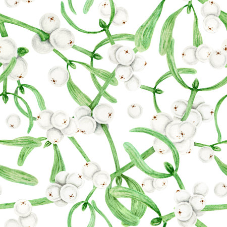 Seamless pattern of Mistletoe evergreen branches, leaves and white berries. Christmas symbol. Watercolor hand drawn botanical background for packing, textile, paper, winter prints, invitations, designの写真素材