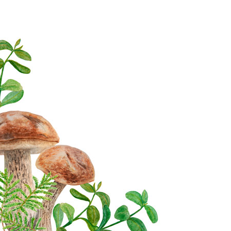 Wild edible mushrooms, moss and cranberry leaves, cowberry branches watercolor hand drawn botanical realistic corner. Forest boletus frame. Great for printing on fabric, invitations, menu, print, cardの写真素材