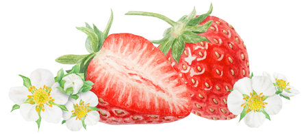 Red strawberry half, slice hand drawn watercolor illustration. Delicious food art, botanical realistic painting. Berry and white flowers clipart for cafe menu, packaging of farm goods, vegan productsの写真素材