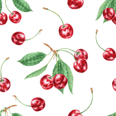 Red cherry branches with green leaves seamless pattern. Juicy hand drawn watercolor background. Food...