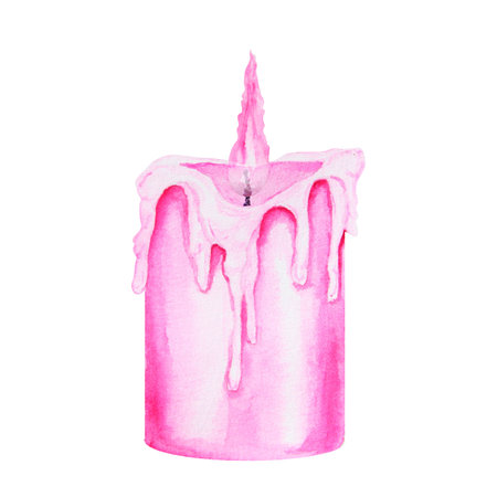 Pink burning candle with flame and wax drips. Element of decor for Halloween, Sabbath, Christmas event. Vintage attribute of mysticism, magic, astrology. Watercolor hand drawn cut out isolated clipartの写真素材