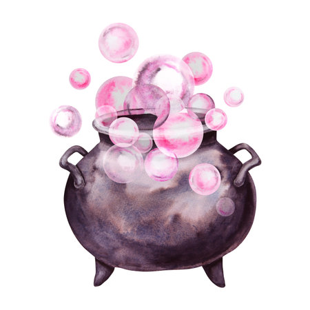 Black cast iron cauldron for brewing potions. Esoteric attribute of a witch, sorcerer, gypsy, fortune teller, psychic. Clipart for Halloween, Sabbath, theme party. Watercolor hand-drawn illustrationの写真素材