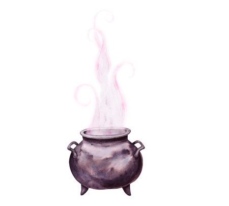 Black cast iron cauldron for brewing potions. Esoteric attribute of a witch, sorcerer, gypsy,...