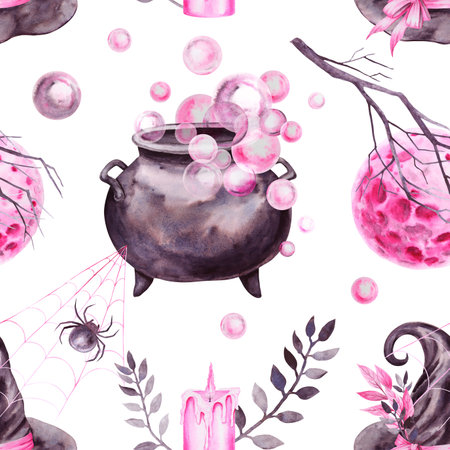 Seamless pattern for Halloween. Hand-drawn with watercolor. Drawn attributes of the witchs sabbath: hat, cauldron with potion, spider on web, full moon, candle. Background for wrapping paper, fabricの写真素材