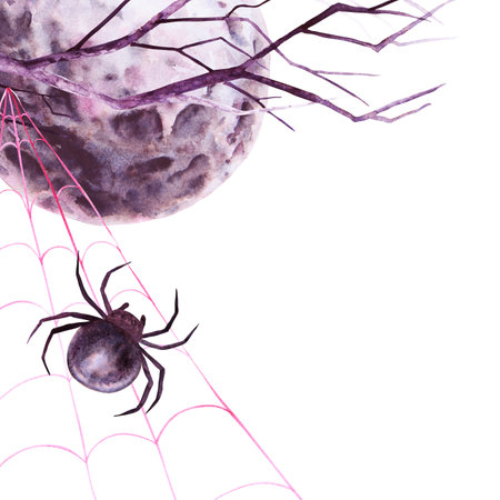 Halloween, witch sabbath postcard template with place for text. Black full moon, tree branch and spider on web. Watercolor hand drawn cut out isolated illustration. Magical night time drawingの写真素材