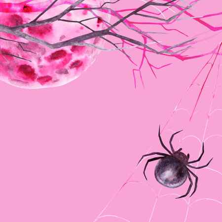 Halloween, witch sabbath postcard template with place for text. Pink full moon, tree branch and spider on web. Watercolor hand drawn cut out isolated illustration. Magical night time drawingの写真素材