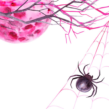 Witch sabbath postcard template with place for text. Pink full moon, tree branch and spider on web. Watercolor hand drawn cut out isolated illustration. Magical night time drawingの写真素材