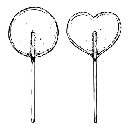 Black and white illustration of two clear sugar lollipops, one round and one heart-shaped, drawn in a sketch style. Perfect for confectionery, bakery branding, Valentine s Day or holiday decorations.のイラスト素材