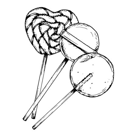 Hand drawn ink vector illustration of a heart-shaped and round lollipops on sticks. Playful candy clipart for Valentine s Day, confectionery branding, sweet shop designs, and festive decorationsのイラスト素材