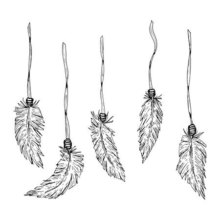 Set of five hand drawn vector feathers hanging on strings, monochrome ink illustration in boho and tribal style. Perfect for dreamcatcher design, esoteric art, DIY crafts or tattoo sketches.のイラスト素材