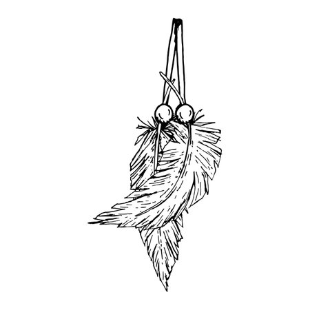 Vector drawing of two decorative feathers with beads on a string, in detailed ink style. This black and white illustration is suitable for boho wall art, interior prints, and home decoration projects.のイラスト素材