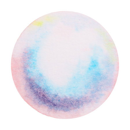 Watercolor circle resembling a soap bubble, air bubble or a pearl, with pearlescent and multicolored texture in soft blue, violet and pink hues. Hand painted abstract element for design projects.の写真素材