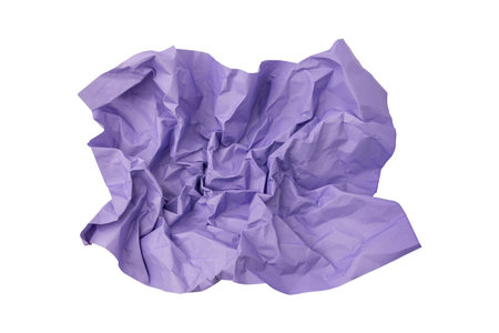 Purple crumpled paper isolated on white backgroundの写真素材