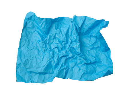 Blue crumpled paper isolated on white backgroundの写真素材