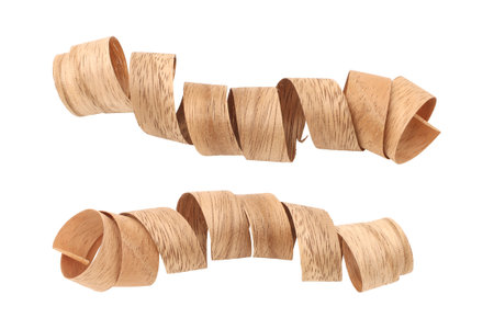 Wood shavings sawdust isolated on white backgroundの写真素材